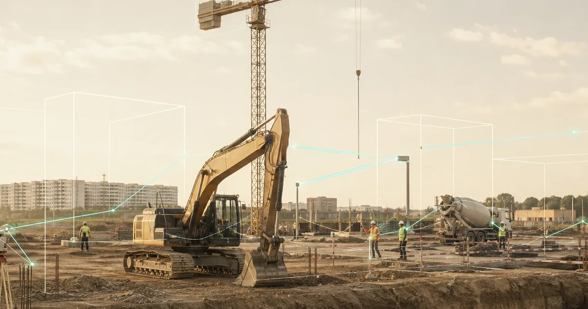 Plac budowy z cyfrową nakładką danych — koparka, żuraw, pracownicy i drony wykryte przez system
