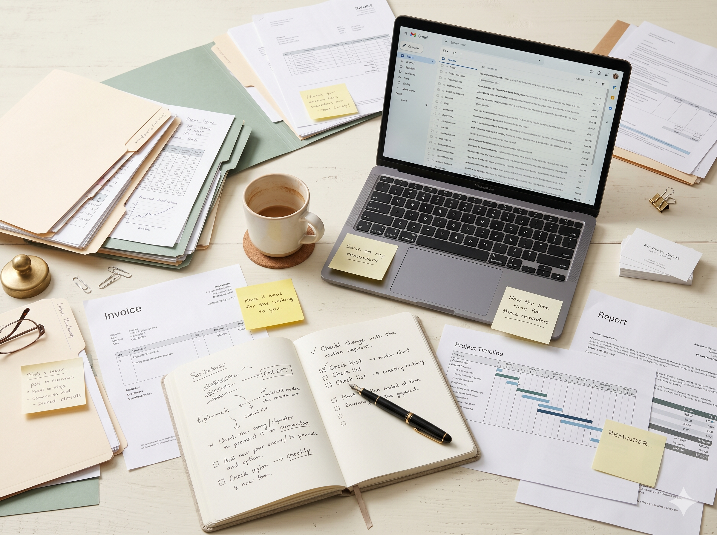 Biurko z dokumentami, fakturami i notatkami — chaos informacyjny w firmie przed wdrożeniem systemu