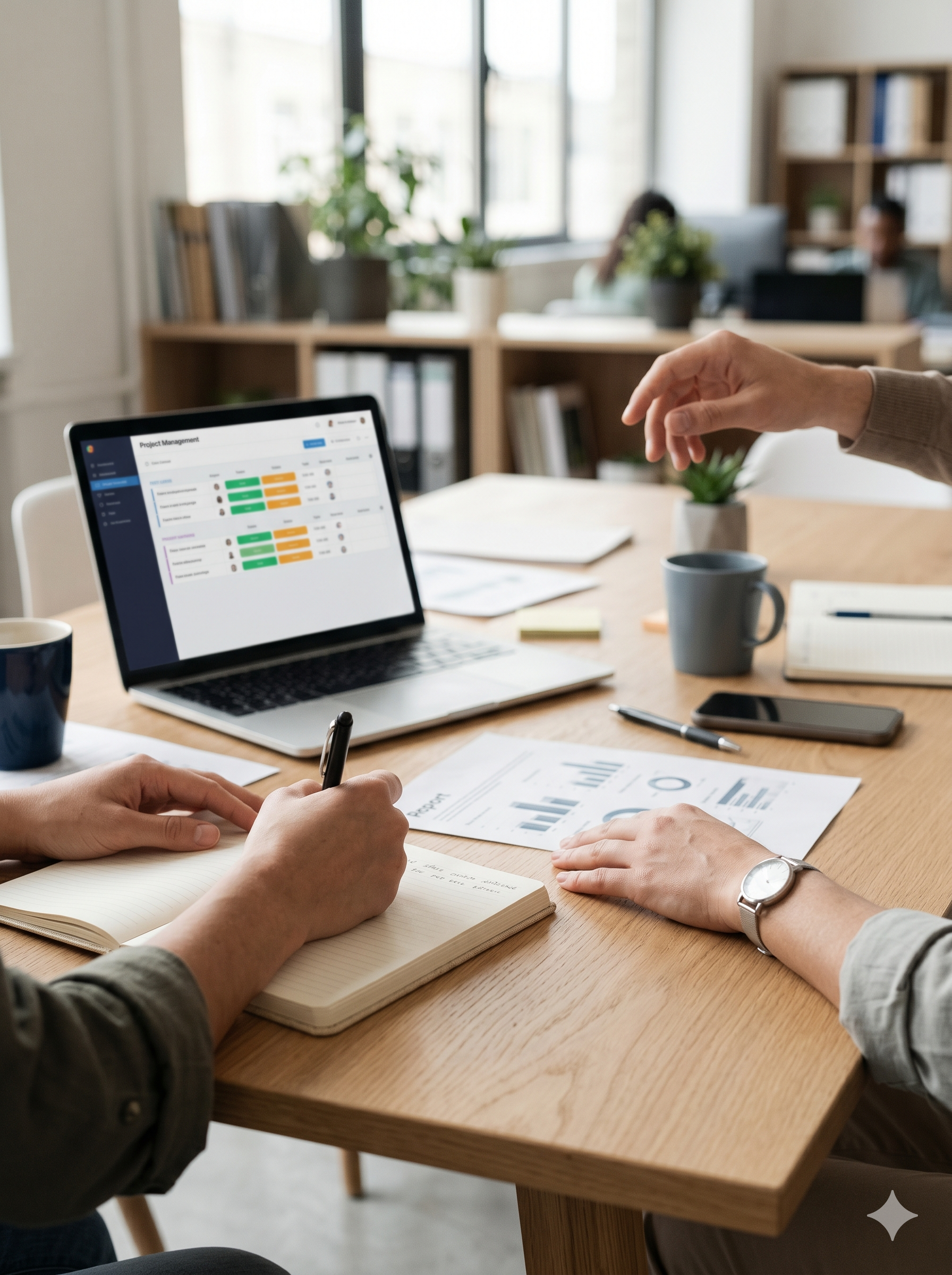 Spotkanie zespołu przy laptopie z systemem zarządzania — współpraca podczas wdrożenia systemu dla firmy