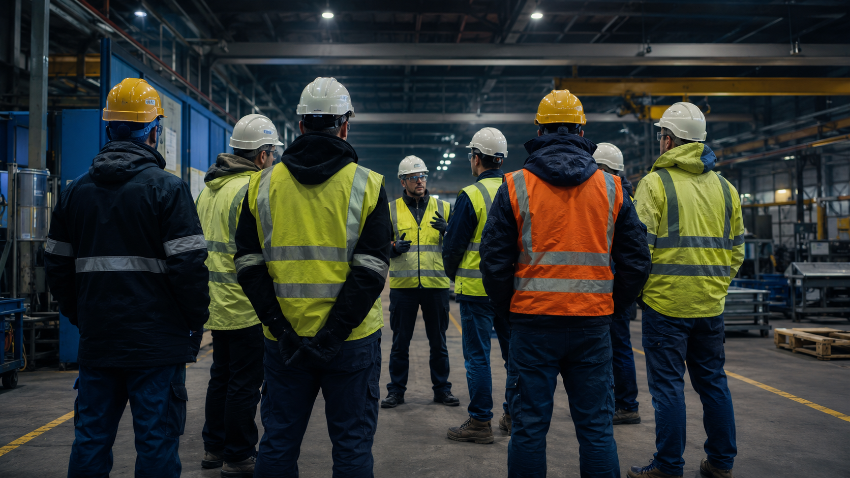 Odprawa BHP pracowników w hali produkcyjnej